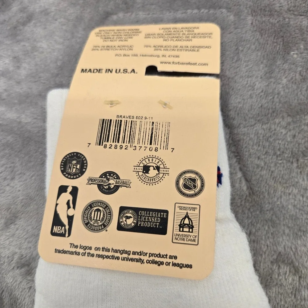 Vintage For Bare Feet Atlanta Braves MLB Crew Socks White Blue Made in USA 9-11